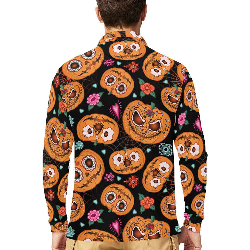 Pumpkin flowers spiderweb Halloween theme Men's Long Sleeve Polo Shirt