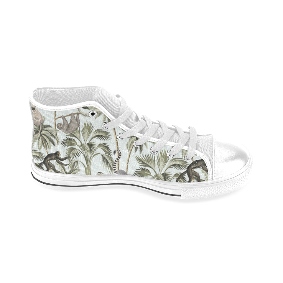 Monkey sloth lemur palm trees pattern Men's High Top Canvas Shoes White