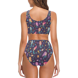 beautiful mermaid Fish jellyfish algae other marin Chest Bowknot High Waisted Bikini Swimsuit