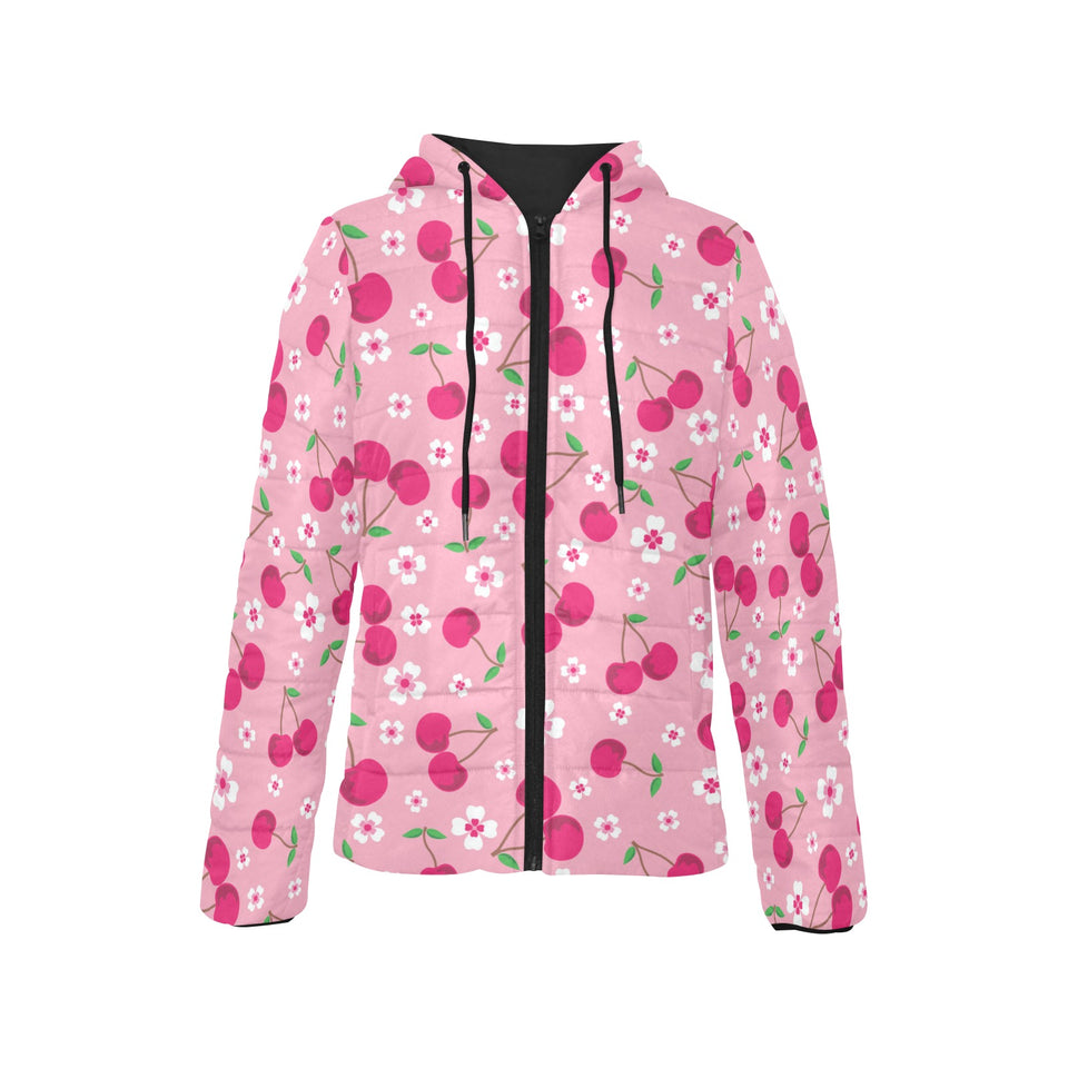 cherry flower pattern pink background Women's Padded Hooded Jacket