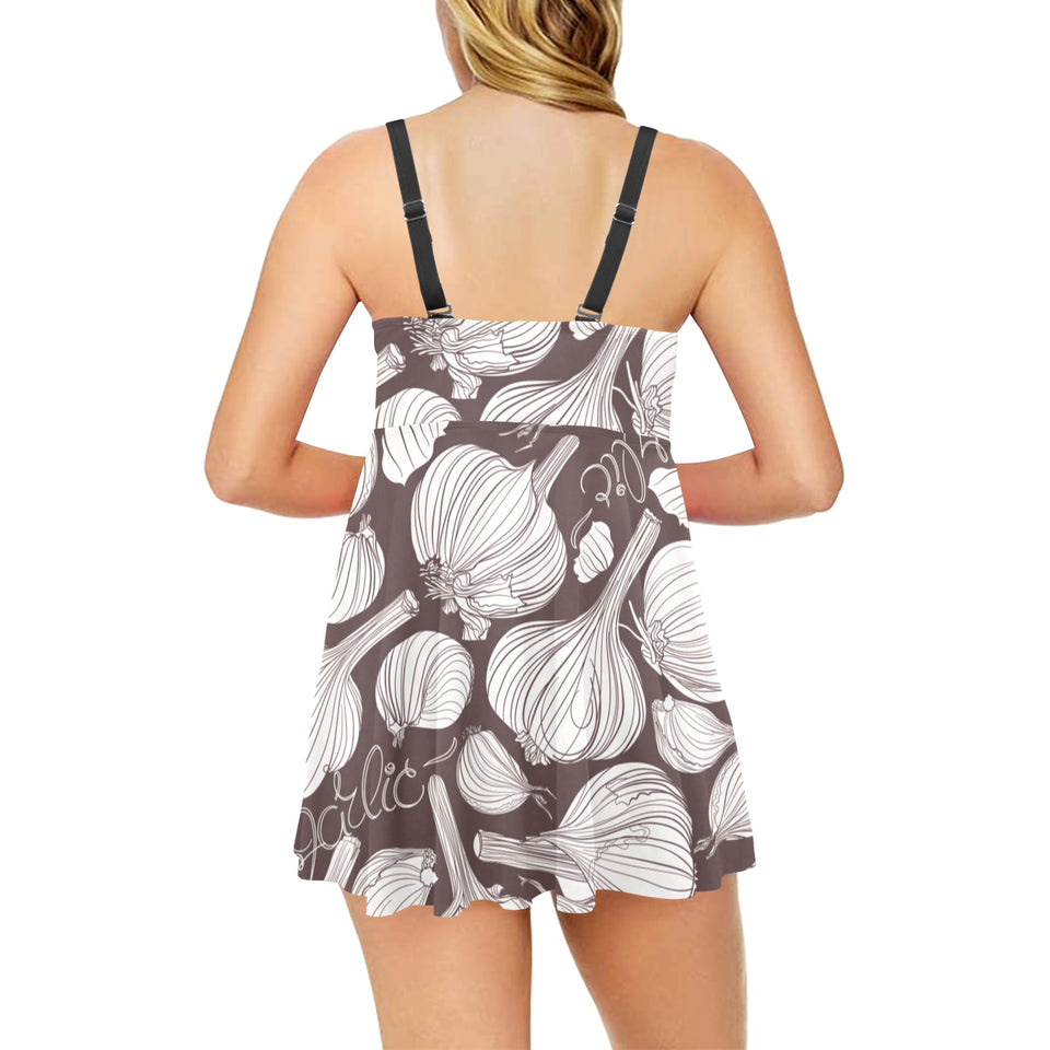 Garlic bulb dark background Chest Sexy Pleated Two Piece Swim Dress