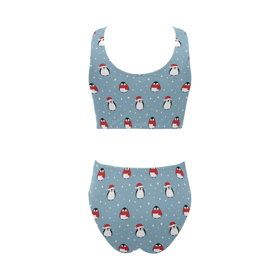Cute penguin christmas snow pattern Chest Bowknot High Waisted Bikini Swimsuit