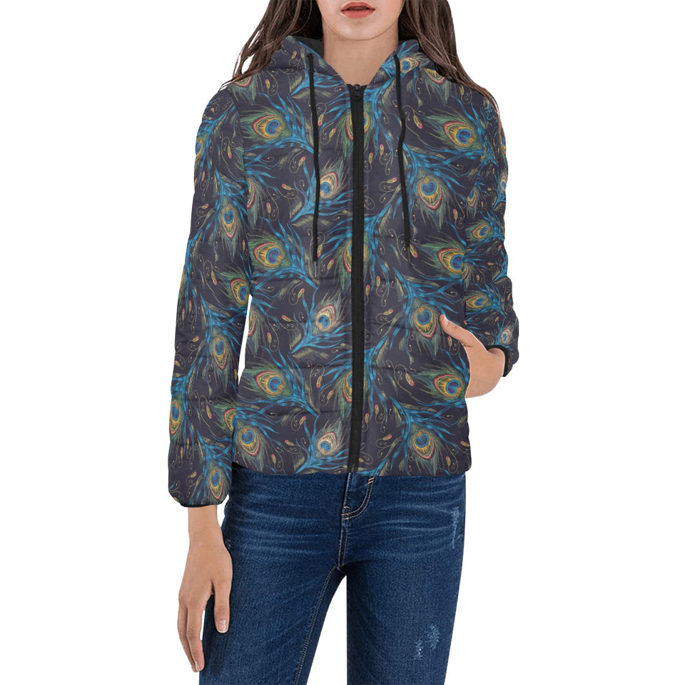 Beautiful peacock feather pattern Women's Padded Hooded Jacket