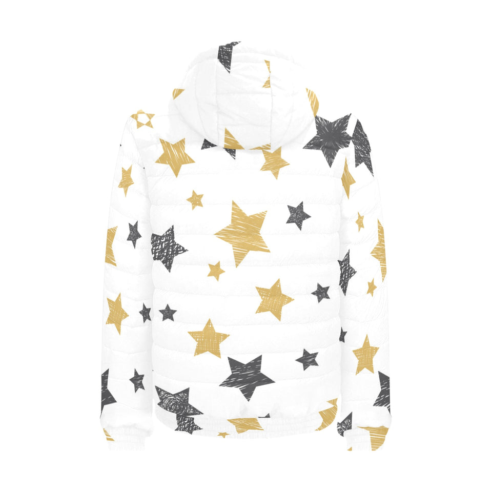 hand drawn gold black star pattern Men's Padded Hooded Jacket
