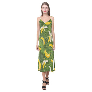 Banana Palm Leaves pattern V-Neck Open Fork Long Dress