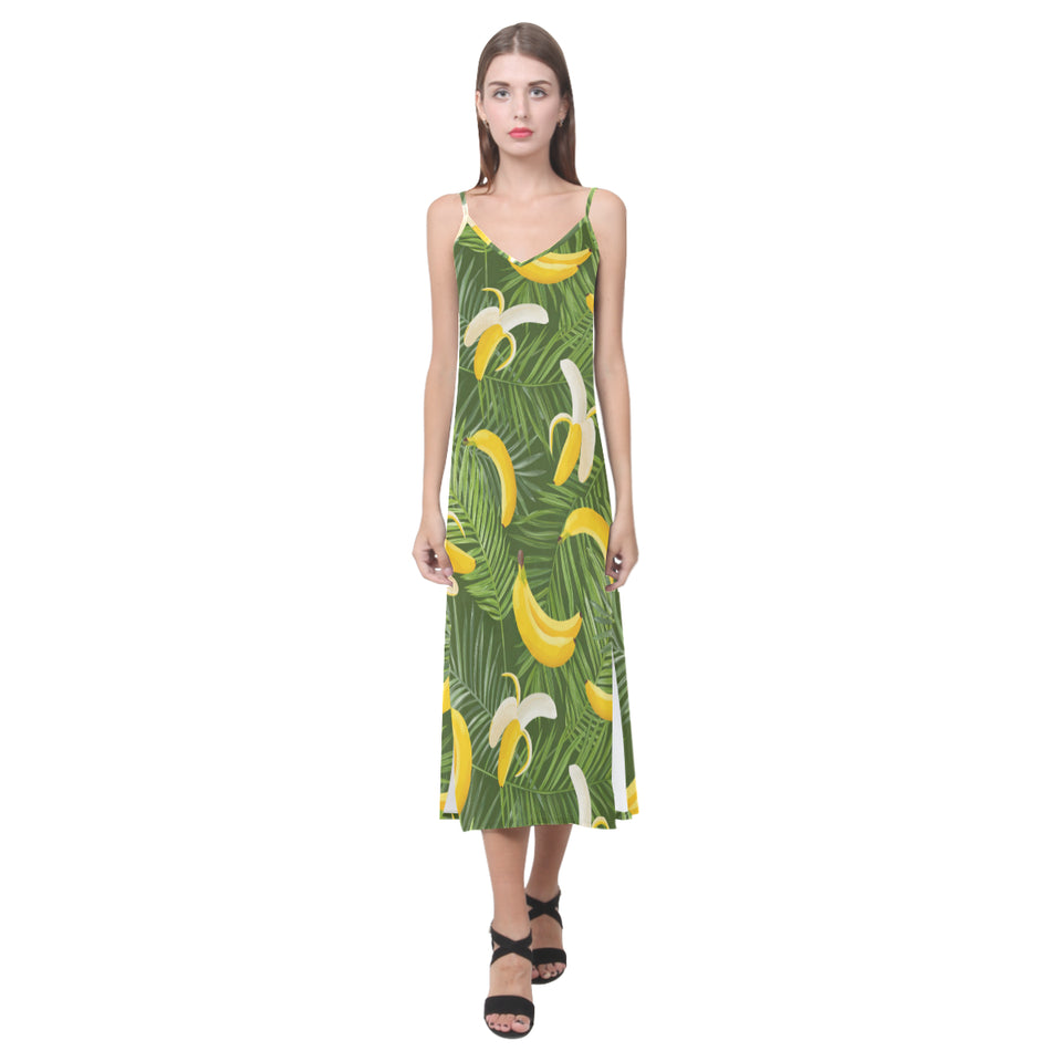 Banana Palm Leaves pattern V-Neck Open Fork Long Dress