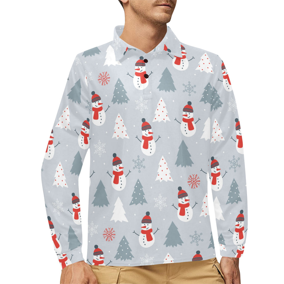 Snowman christmas tree snow gray background Men's Long Sleeve Polo Shirt