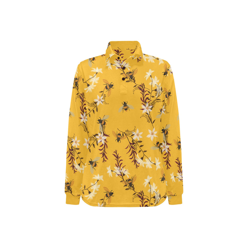 Bee flower pattern Women's Long Sleeve Polo Shirt