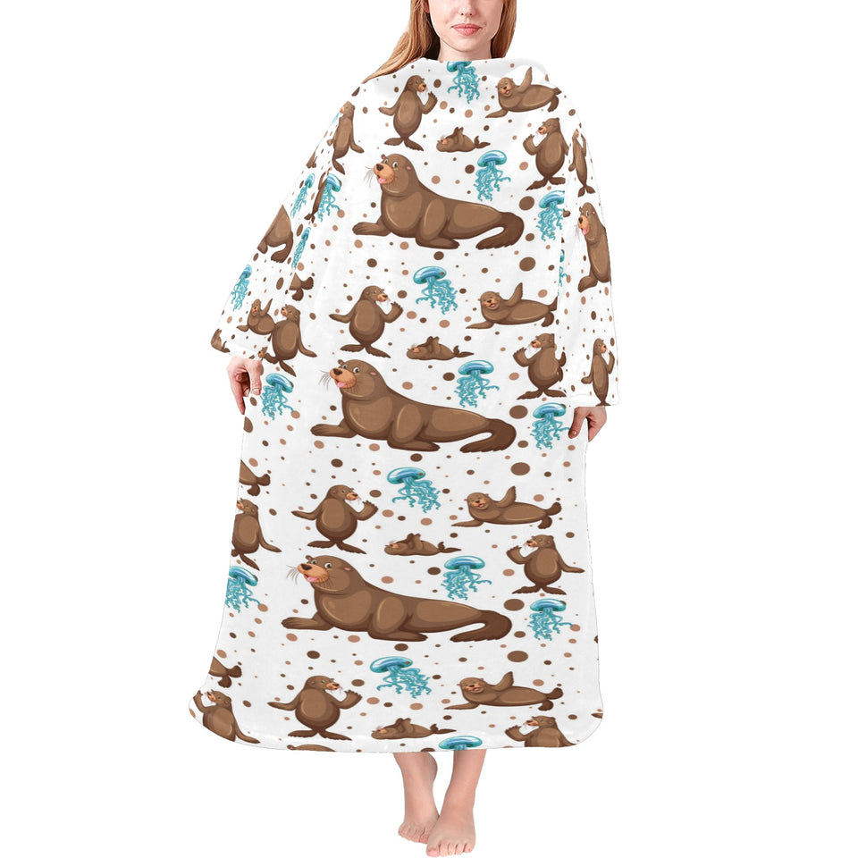 sea lion Seals jellyfish pattern Blanket Robe with Sleeves
