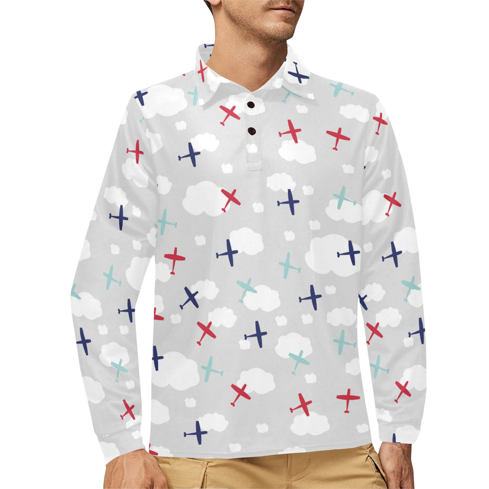 Airplane cloud grey background Men's Long Sleeve Polo Shirt