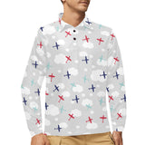 Airplane cloud grey background Men's Long Sleeve Polo Shirt