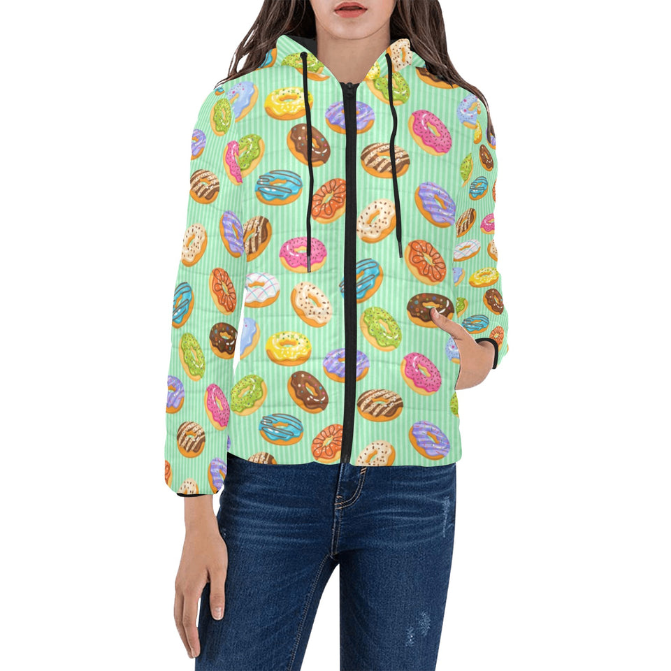 Colorful donut pattern green background Women's Padded Hooded Jacket