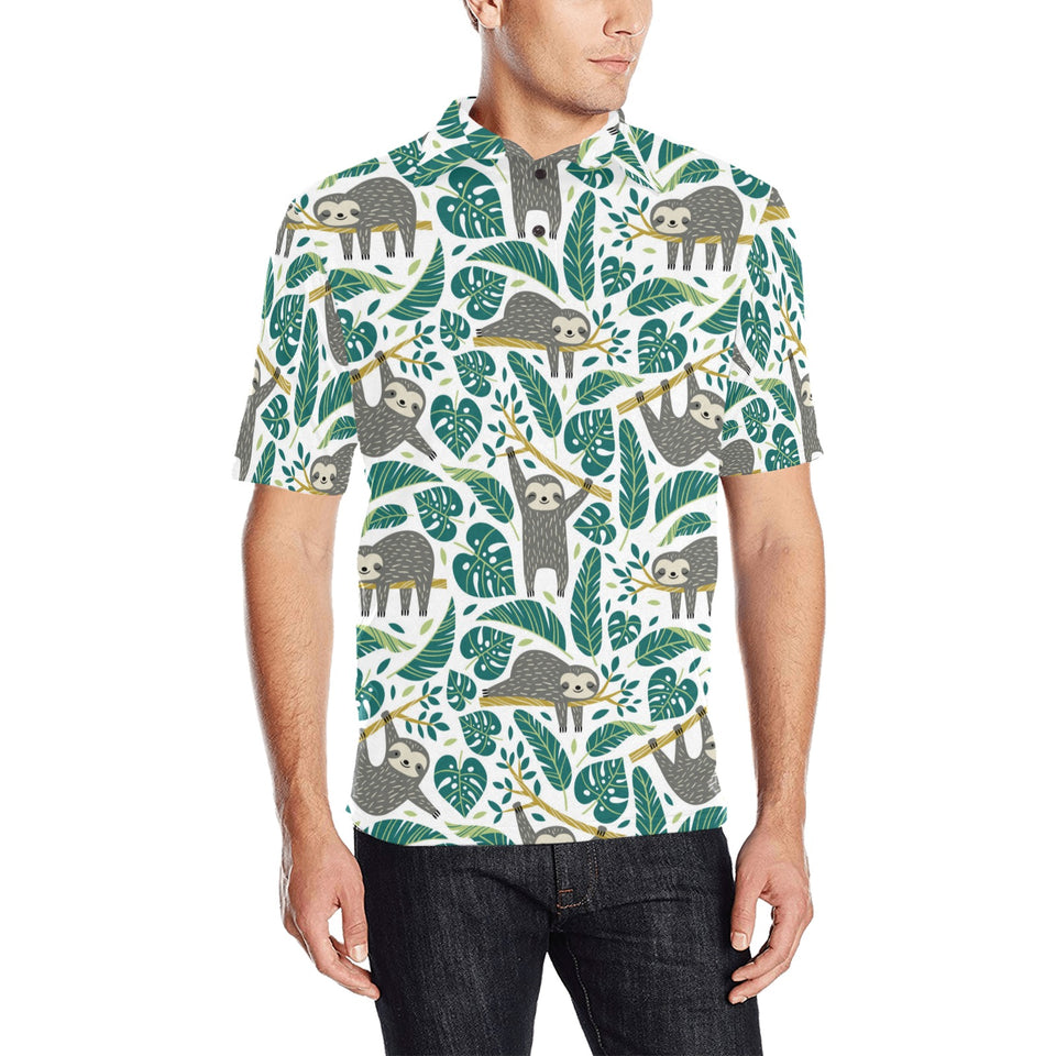 Cute sloths tropical palm leaves white background Men's All Over Print Polo Shirt