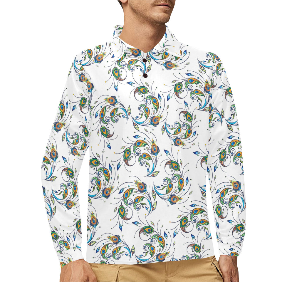 Peacock feather pattern Men's Long Sleeve Polo Shirt