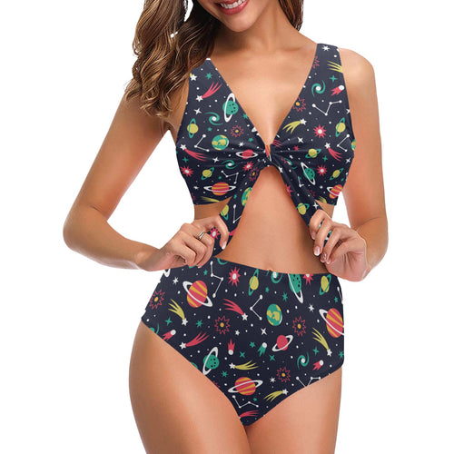colorful space pattern planet star Chest Bowknot High Waisted Bikini Swimsuit
