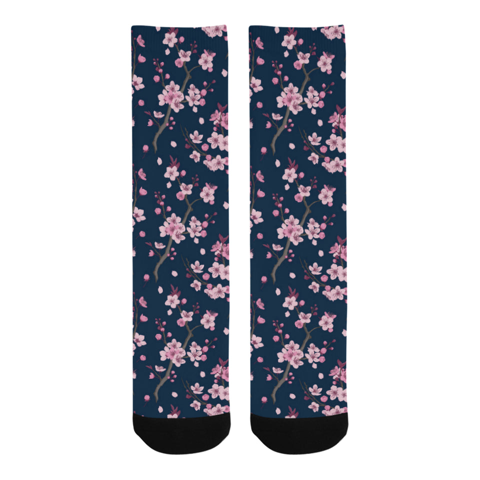 Pink sakura cherry blossom blue background Crew Socks