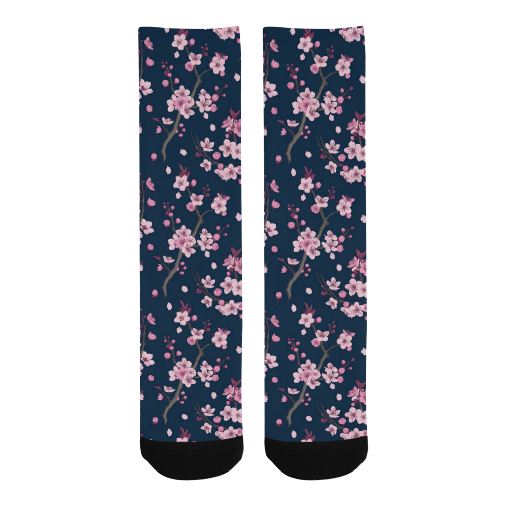 Pink sakura cherry blossom blue background Crew Socks