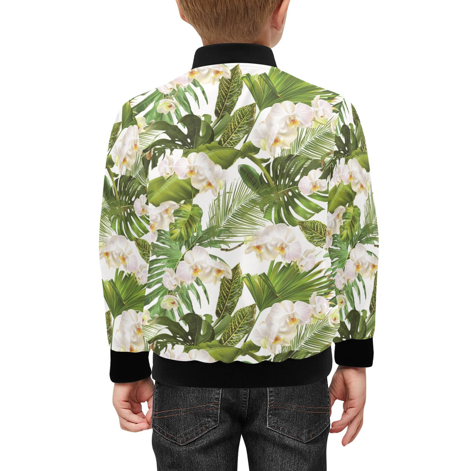 White orchid flower tropical leaves pattern Kids' Boys' Girls' Bomber Jacket