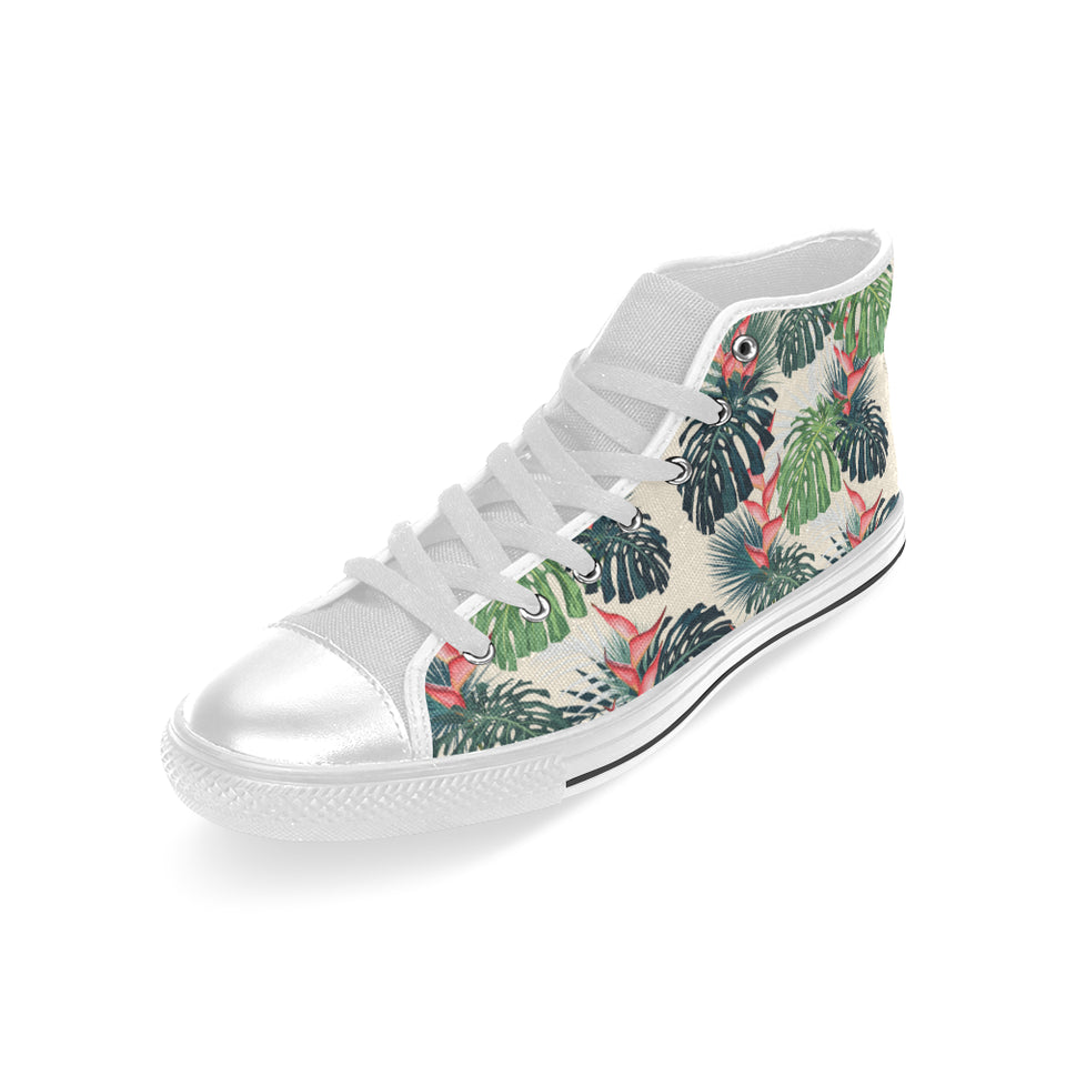 heliconia flowers, palm and monstera leaves Men's High Top Canvas Shoes White