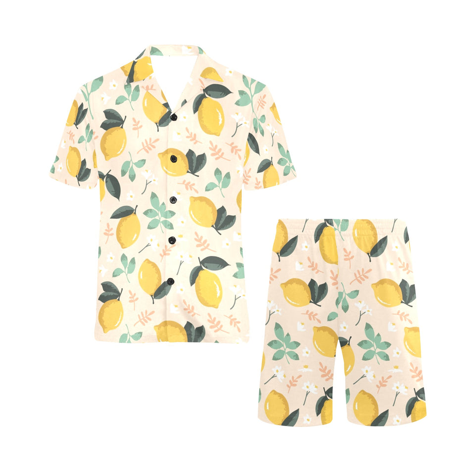 lemon flower leave pattern Men's V-Neck Short Pajama Set
