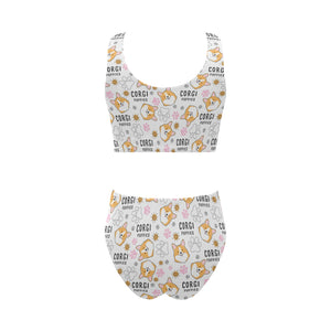 Corgi Dog Pattern Chest Bowknot High Waisted Bikini Swimsuit