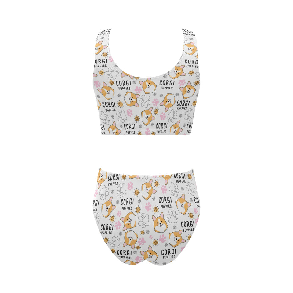 Corgi Dog Pattern Chest Bowknot High Waisted Bikini Swimsuit