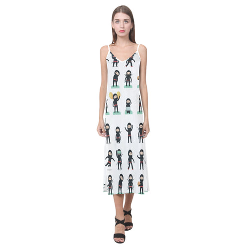 Cute ninja katana sword pattern V-Neck Open Fork Long Dress