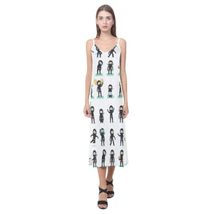 Cute ninja katana sword pattern V-Neck Open Fork Long Dress
