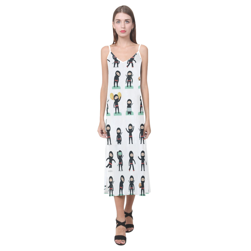 Cute ninja katana sword pattern V-Neck Open Fork Long Dress