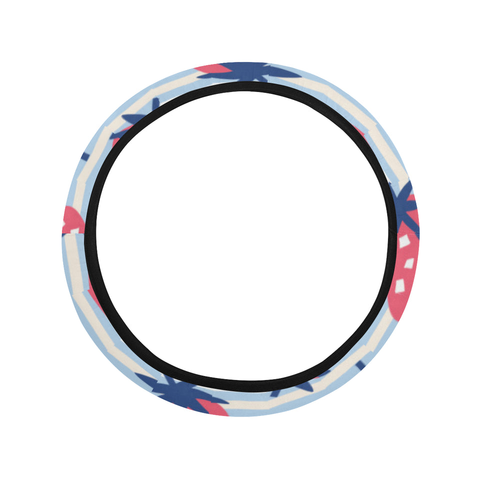 Strawberry pattern blue lines background Car Steering Wheel Cover