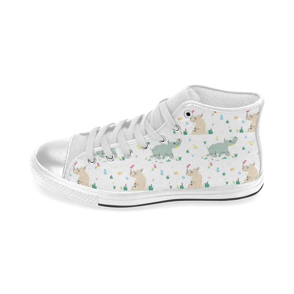 Cute Rhino pattern Women's High Top Canvas Shoes White
