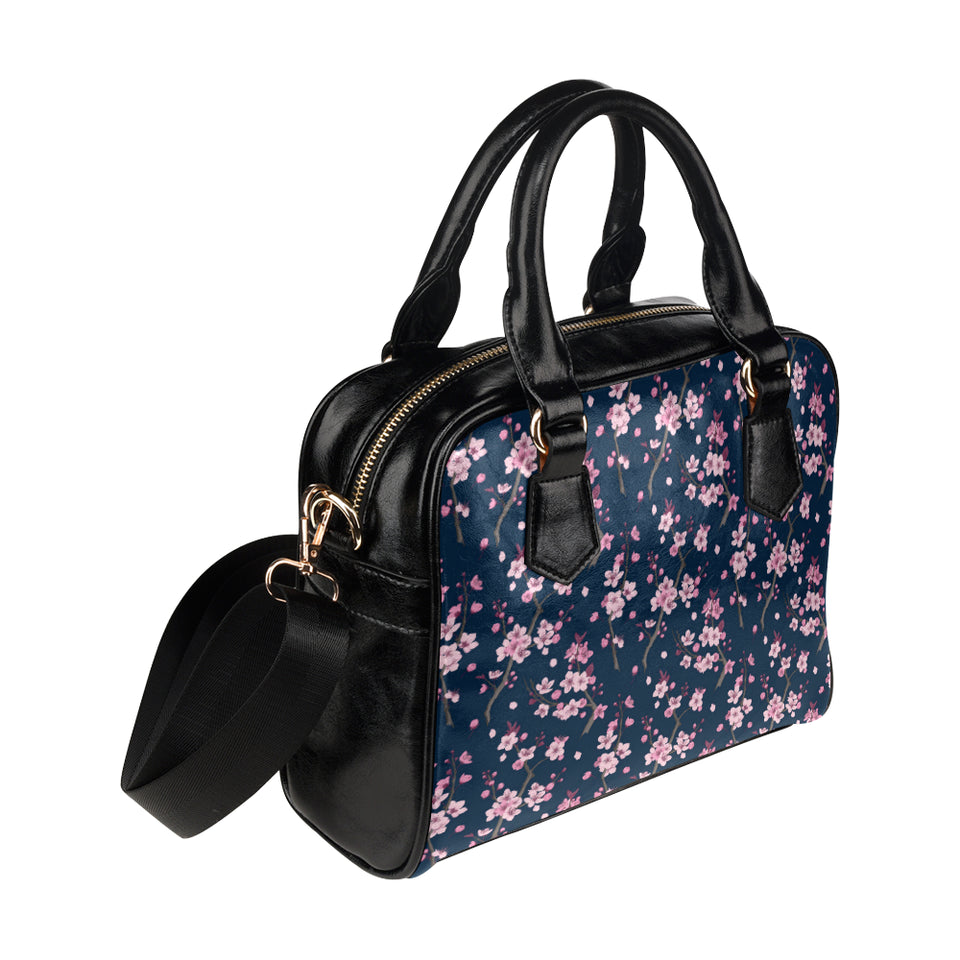 Pink sakura cherry blossom blue background Shoulder Handbag