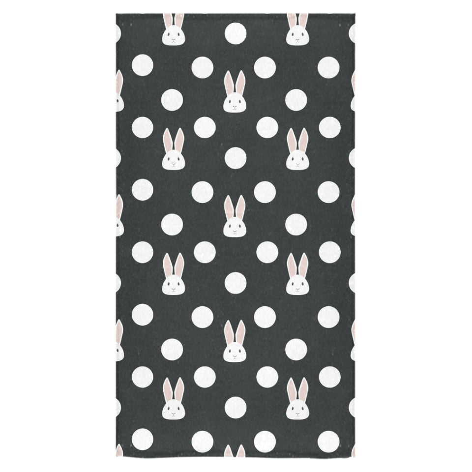 Cute white rabbit polka dots black background Bath Towel