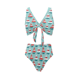 Red White sailboat wave background Chest Bowknot High Waisted Bikini Swimsuit