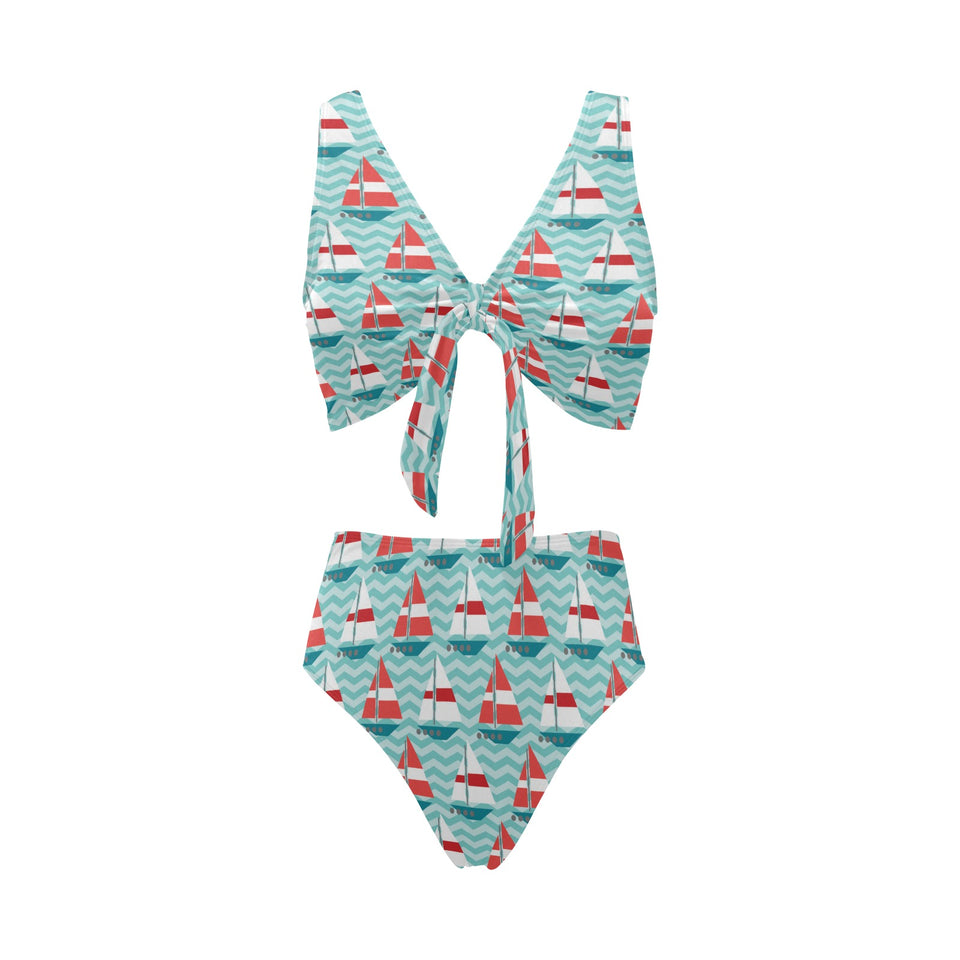 Red White sailboat wave background Chest Bowknot High Waisted Bikini Swimsuit