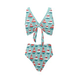 Red White sailboat wave background Chest Bowknot High Waisted Bikini Swimsuit