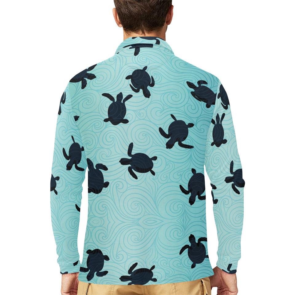 Sea turtle with blue ocean backgroud Men's Long Sleeve Polo Shirt