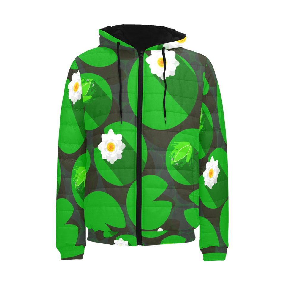 Frog waterlily pattern Men's Padded Hooded Jacket