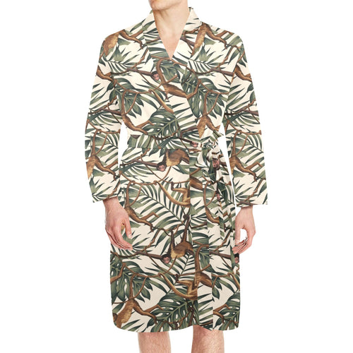 Monkey tropical leaves background Men's Long Sleeve Belted Night Robe