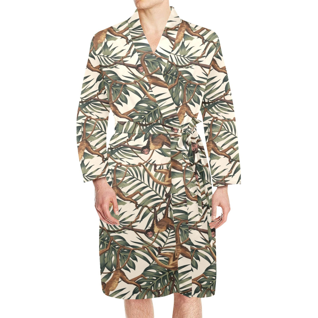 Monkey tropical leaves background Men's Long Sleeve Belted Night Robe