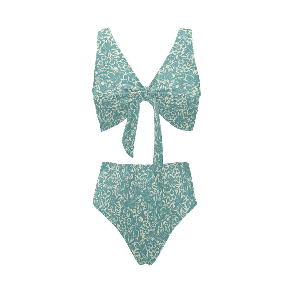 Classic Hand drawn Grape pattern Chest Bowknot High Waisted Bikini Swimsuit