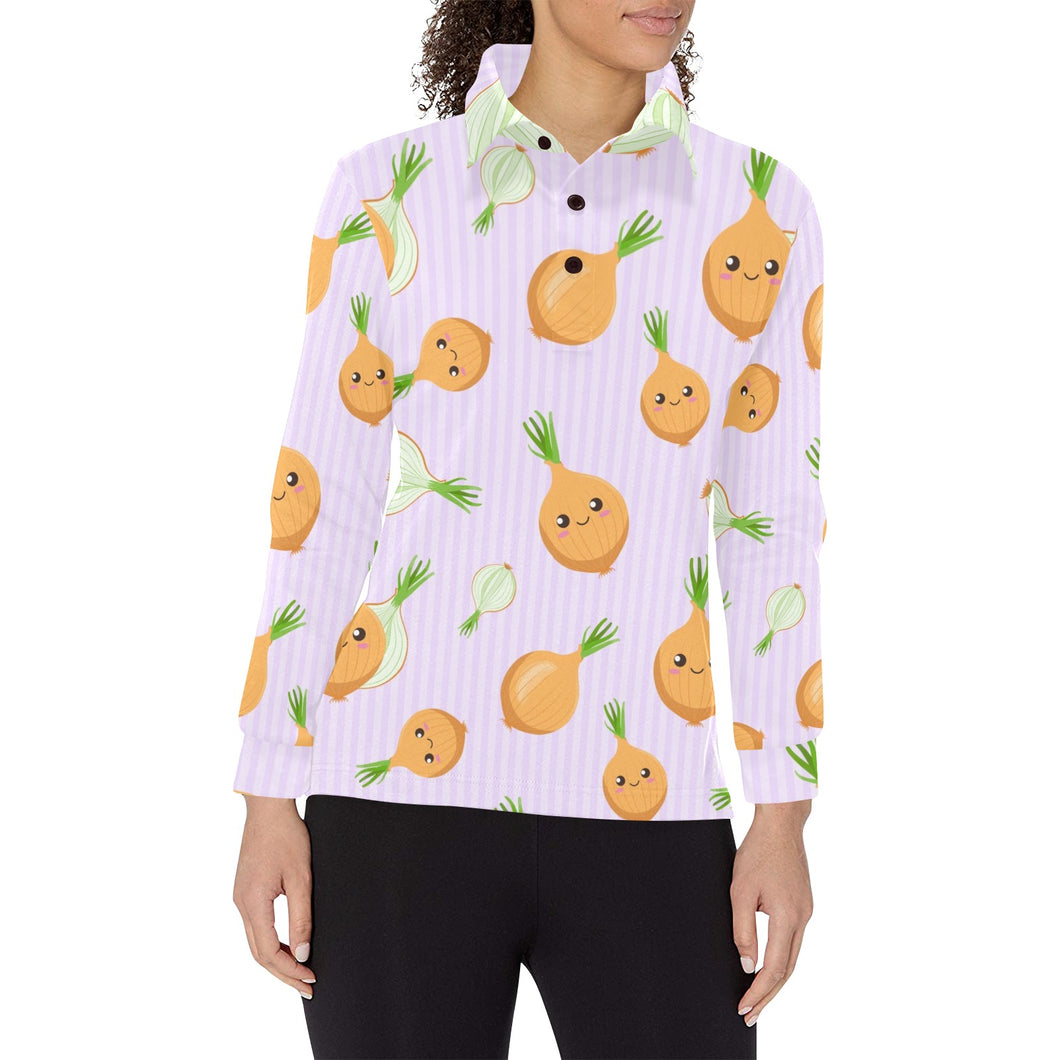 cute onions smiling faces purple background Women's Long Sleeve Polo Shirt