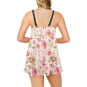 Swallow Pattern Print Design 01 Chest Sexy Pleated Two Piece Swim Dress