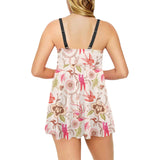 Swallow Pattern Print Design 01 Chest Sexy Pleated Two Piece Swim Dress