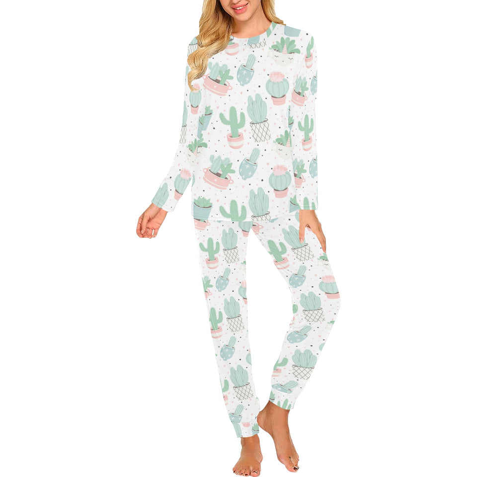 Pastel color cactus pattern Women's All Over Print Pajama Set