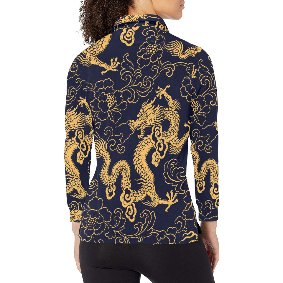 Gold dragon pattern Women's Long Sleeve Polo Shirt