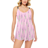 Lavender pattern pink background Chest Sexy Pleated Two Piece Swim Dress