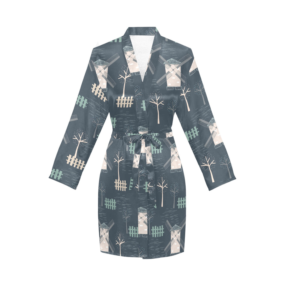 windmill tree pattern Women's Long Sleeve Belted Night Robe