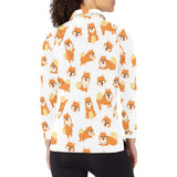 Brown pomeranian pattern Women's Long Sleeve Polo Shirt