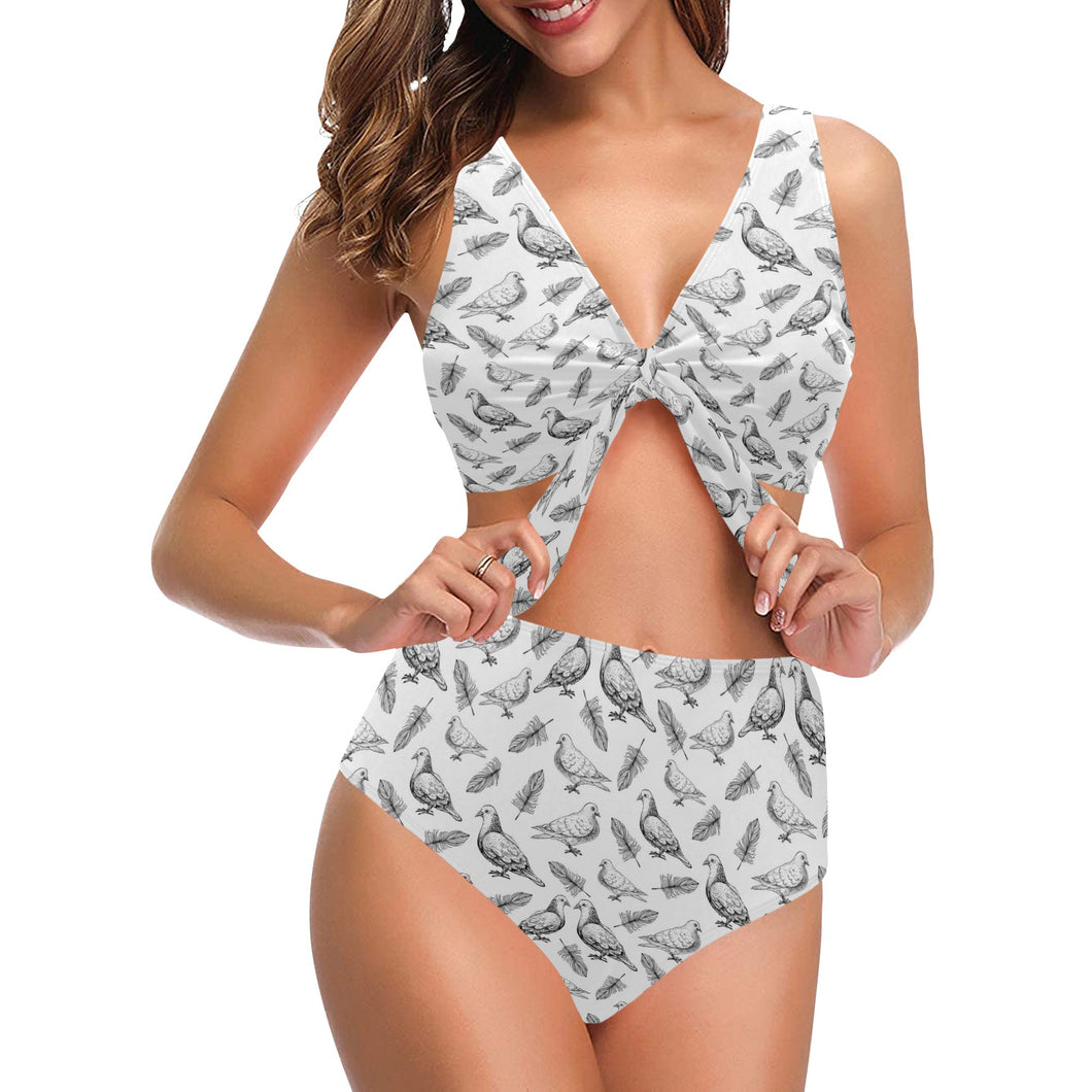 Pigeon Pattern Print Design 05 Chest Bowknot High Waisted Bikini Swimsuit